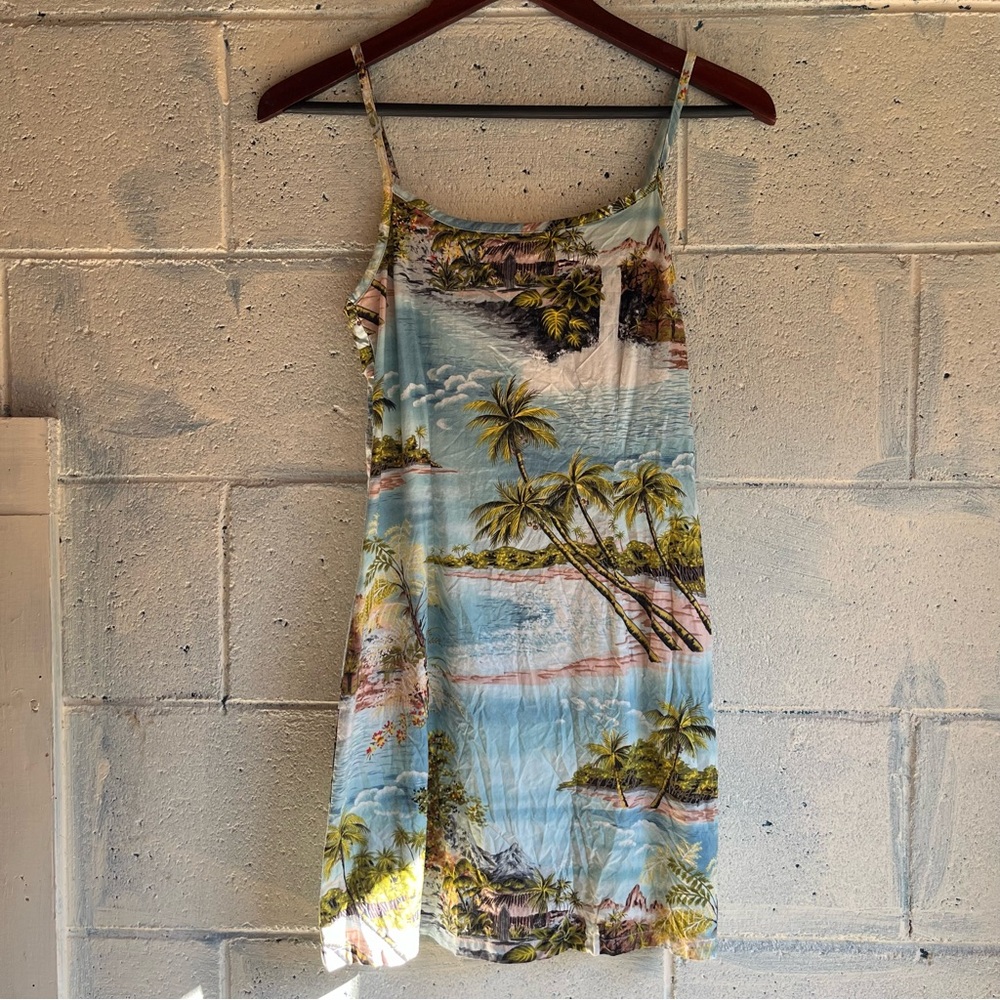 Vintage 90s Blue and Green tilt Ocean Palm Print Mini Sundress Small